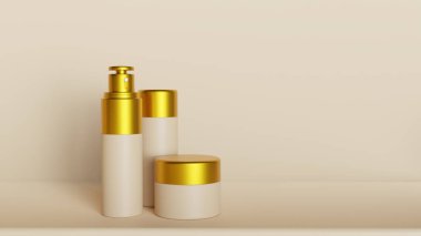 Kozmetik şişesi ve kavanoz modeli. Şampuan şişeleri ya da serum yağı yan yana dursun..