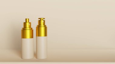 Kozmetik şişesi ve kavanoz modeli. Şampuan şişeleri ya da serum yağı yan yana dursun..