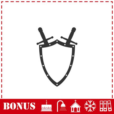 Kalkan ve kılıç simgesi düz. Basit vektör sembolü ve bonus simgesi