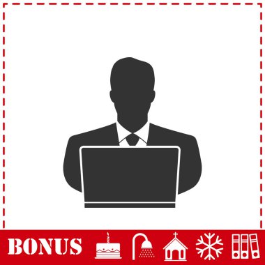 Bilgisayar simgesi üzerinde çalışan bir iş adamı. Basit vektör sembolü ve bonus simgesi