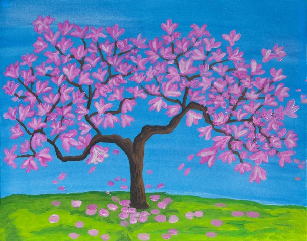 Pink Magnolia tree in blossom, acrylic painting — Stock Photo, Image