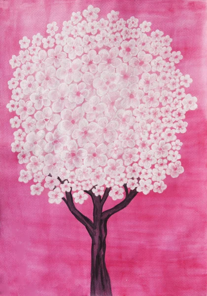 Fehér fa, rózsaszín háttér, akvarell festészet — Stock Fotó