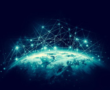 Dünyadan Uzaya. Kavram serisinden küresel iş dünyasının en iyi internet kavramı. Bu görüntünün elementleri NASA tarafından döşenmiştir. 3B illüstrasyon