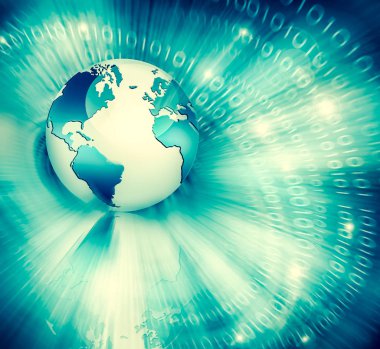 Global iş dünyasının en iyi internet kavramı. Küre, teknolojik arka planda parlayan çizgiler. Wi-Fi, ışınlar, semboller İnternet, 3 boyutlu illüstrasyon