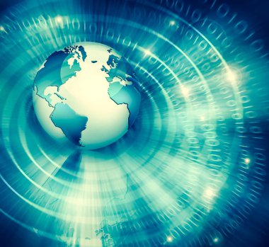 Global iş dünyasının en iyi internet kavramı. Küre, teknolojik arka planda parlayan çizgiler. Wi-Fi, ışınlar, semboller İnternet, 3 boyutlu illüstrasyon