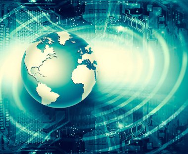 Global iş dünyasının en iyi internet kavramı. Küre, teknolojik arka planda parlayan çizgiler. Wi-Fi, ışınlar, semboller İnternet, 3 boyutlu illüstrasyon