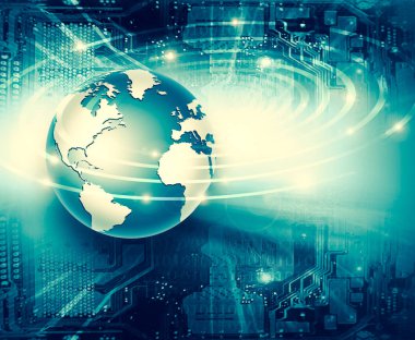 Global iş dünyasının en iyi internet kavramı. Küre, teknolojik arka planda parlayan çizgiler. Wi-Fi, ışınlar, semboller İnternet, 3 boyutlu illüstrasyon