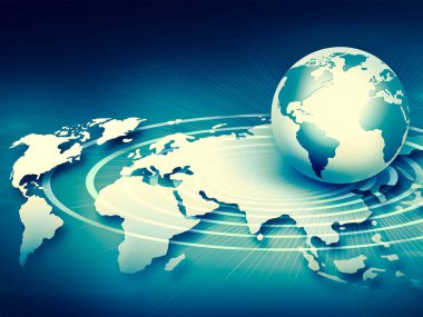 Global iş dünyasının en iyi internet kavramı. Küre, teknolojik arka planda parlayan çizgiler. Wi-Fi, ışınlar, semboller İnternet, 3 boyutlu illüstrasyon