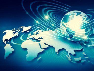Global iş dünyasının en iyi internet kavramı. Küre, teknolojik arka planda parlayan çizgiler. Wi-Fi, ışınlar, semboller İnternet, 3 boyutlu illüstrasyon