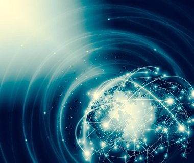Global iş dünyasının en iyi internet kavramı. Küre, teknolojik arka planda parlayan çizgiler. Wi-Fi, ışınlar, semboller İnternet, 3 boyutlu illüstrasyon