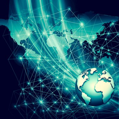 Global iş dünyasının en iyi internet kavramı. Küre, teknolojik arka planda parlayan çizgiler. Wi-Fi, ışınlar, semboller İnternet, 3 boyutlu illüstrasyon
