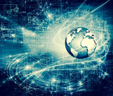 Global iş dünyasının en iyi internet kavramı. Küre, teknolojik arka planda parlayan çizgiler. Wi-Fi, ışınlar, semboller İnternet, 3 boyutlu illüstrasyon