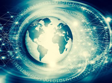 Global iş dünyasının en iyi internet kavramı. Küre, teknolojik arka planda parlayan çizgiler. Wi-Fi, ışınlar, semboller İnternet, 3 boyutlu illüstrasyon