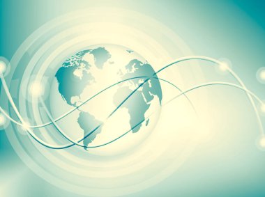 Global iş dünyasının en iyi internet kavramı. Küre, teknolojik arka planda parlayan çizgiler. Wi-Fi, ışınlar, semboller İnternet, 3 boyutlu illüstrasyon