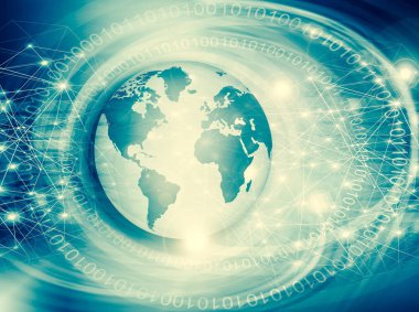 Global iş dünyasının en iyi internet kavramı. Küre, teknolojik arka planda parlayan çizgiler. Wi-Fi, ışınlar, semboller İnternet, 3 boyutlu illüstrasyon