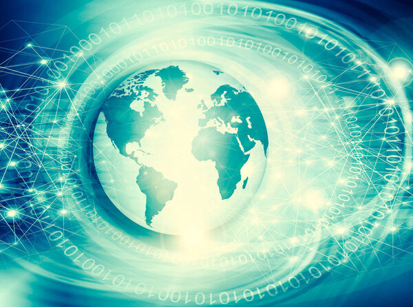 Лучший интернет-проект глобального бизнеса. Глобус, светящиеся линии на технологическом фоне. Wi-Fi, лучи, символы Интернет, 3D иллюстрация
