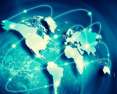 Dünya Haritası üzerinde teknolojik bir arka plan, parlak çizgiler semboller Internet, radyo, televizyon, telefon ve uydu iletişim.