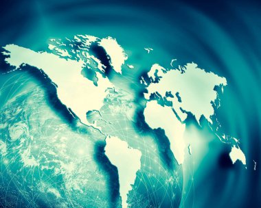 Dünya Haritası üzerinde teknolojik bir arka plan, parlak çizgiler semboller Internet, radyo, televizyon, telefon ve uydu iletişim.