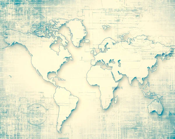 Mapa del mundo sobre un fondo tecnológico, líneas luminosas símbolos de Internet, radio, televisión, comunicaciones móviles y por satélite . — Foto de Stock