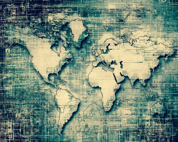 Dünya Haritası üzerinde teknolojik bir arka plan, parlak çizgiler semboller Internet, radyo, televizyon, telefon ve uydu iletişim. — Stok fotoğraf