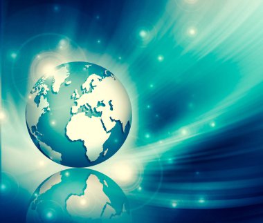 Global iş dünyasının en iyi internet kavramı. Küre, teknolojik arka planda parlayan çizgiler. Wi-Fi, ışınlar, semboller İnternet, 3 boyutlu illüstrasyon