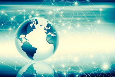 Global iş dünyasının en iyi internet kavramı. Küre, teknolojik arka planda parlayan çizgiler. Wi-Fi, ışınlar, semboller İnternet, 3 boyutlu illüstrasyon