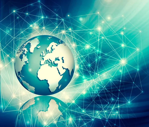 Global iş dünyasının en iyi internet kavramı. Küre, teknolojik arka planda parlayan çizgiler. Wi-Fi, ışınlar, semboller İnternet, 3 boyutlu illüstrasyon