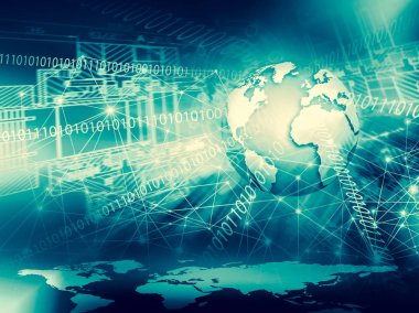 Global iş dünyasının en iyi internet kavramı. Küre, teknolojik arka planda parlayan çizgiler. Wi-Fi, ışınlar, semboller İnternet, 3 boyutlu illüstrasyon