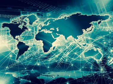 Dünya Haritası üzerinde teknolojik bir arka plan, parlak çizgiler semboller Internet, radyo, televizyon, telefon ve uydu iletişim.