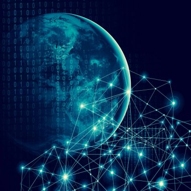 Dünyadan Uzaya. Kavram serisinden küresel iş dünyasının en iyi internet kavramı. Bu görüntünün elementleri NASA tarafından döşenmiştir. Üç boyutlu illüstrasyon. Seyahat, internet, teknoloji ve iletişim sembolü