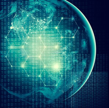 Dünyadan Uzaya. Kavram serisinden küresel iş dünyasının en iyi internet kavramı. Bu görüntünün elementleri NASA tarafından döşenmiştir. 3B illüstrasyon