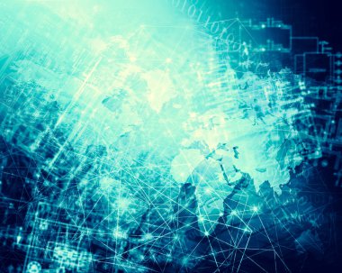 Global iş dünyasının en iyi internet kavramı. Teknolojik geçmiş. Elektronik, Wi-Fi, Işınlar, İnternet, televizyon, mobil ve uydu iletişimi sembolleri