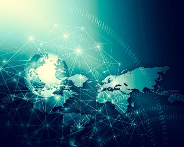 Global iş dünyasının en iyi internet kavramı. Küre, teknolojik arka planda parlayan çizgiler. Wi-Fi, ışınlar, semboller İnternet, 3 boyutlu illüstrasyon