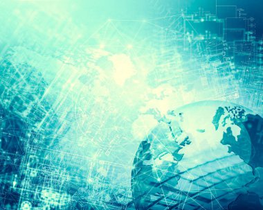 Global iş dünyasının en iyi internet kavramı. Küre, teknolojik arka planda parlayan çizgiler. Wi-Fi, ışınlar, semboller İnternet, 3 boyutlu illüstrasyon