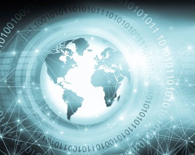 Global iş dünyasının en iyi internet kavramı. Küre, teknolojik arka planda parlayan çizgiler. Wi-Fi, ışınlar, semboller İnternet, 3 boyutlu illüstrasyon