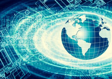Global iş dünyasının en iyi internet kavramı. Küre, teknolojik arka planda parlayan çizgiler. Wi-Fi, ışınlar, semboller İnternet, 3 boyutlu illüstrasyon