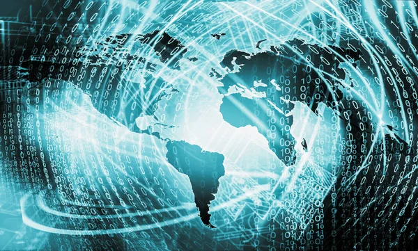 Carte du monde sur un fond technologique, lignes lumineuses symboles de l'Internet, radio, télévision, communications mobiles et par satellite . — Photo