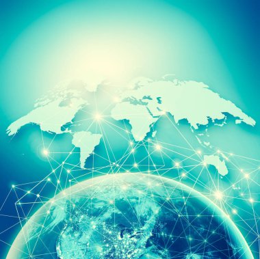 Dünyadan Uzaya. Kavram serisinden küresel iş dünyasının en iyi internet kavramı. Bu görüntünün elementleri NASA tarafından döşenmiştir. 3B illüstrasyon