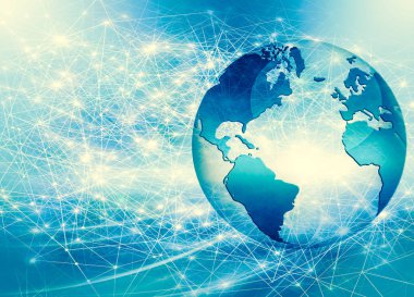 Global iş dünyasının en iyi internet kavramı. Küre, teknolojik arka planda parlayan çizgiler. Wi-Fi, ışınlar, semboller İnternet, 3 boyutlu illüstrasyon