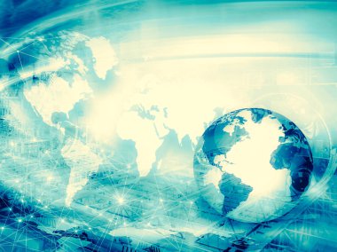 Global iş dünyasının en iyi internet kavramı. Küre, teknolojik arka planda parlayan çizgiler. Wi-Fi, ışınlar, semboller İnternet, 3 boyutlu illüstrasyon