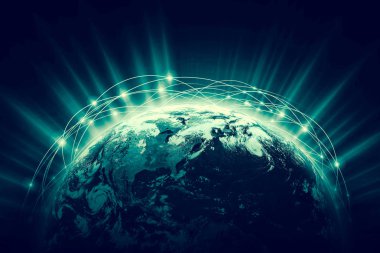 Dünyadan Uzaya. Kavram serisinden küresel iş dünyasının en iyi internet kavramı. Bu görüntünün elementleri NASA tarafından döşenmiştir. 3B illüstrasyon