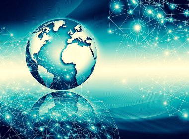 Global iş dünyasının en iyi internet kavramı. Küre, teknolojik arka planda parlayan çizgiler. Wi-Fi, ışınlar, semboller İnternet, 3 boyutlu illüstrasyon