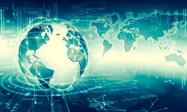 Global iş dünyasının en iyi internet kavramı. Küre, teknolojik arka planda parlayan çizgiler. Wi-Fi, ışınlar, semboller İnternet, 3 boyutlu illüstrasyon