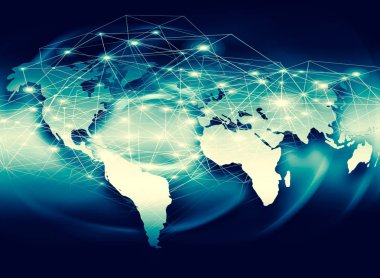 Dünya Haritası üzerinde teknolojik bir arka plan, parlak çizgiler semboller Internet, radyo, televizyon, telefon ve uydu iletişim.