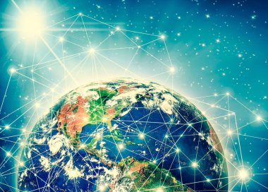Dünyadan Uzaya. Kavram serisinden küresel iş dünyasının en iyi internet kavramı. Bu görüntünün elementleri NASA tarafından döşenmiştir. 3B illüstrasyon