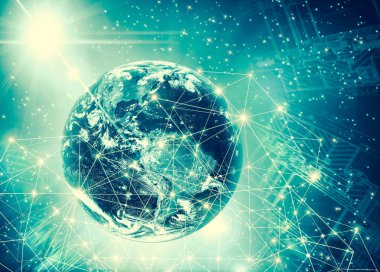 Dünyadan Uzaya. Kavram serisinden küresel iş dünyasının en iyi internet kavramı. Bu görüntünün elementleri NASA tarafından döşenmiştir. 3B illüstrasyon