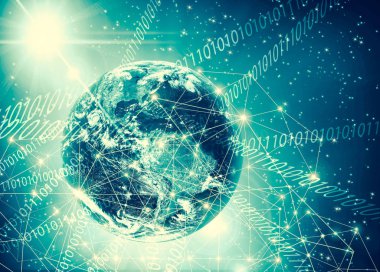 Dünyadan Uzaya. Kavram serisinden küresel iş dünyasının en iyi internet kavramı. Bu görüntünün elementleri NASA tarafından döşenmiştir. 3B illüstrasyon