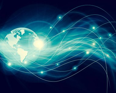 Global iş dünyasının en iyi internet kavramı. Küre, teknolojik arka planda parlayan çizgiler. Wi-Fi, ışınlar, semboller İnternet, 3 boyutlu illüstrasyon