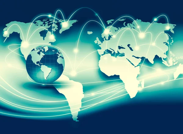 Mapa do mundo sobre um fundo tecnológico, linhas brilhantes símbolos da Internet, rádio, televisão, comunicações móveis e por satélite . — Fotografia de Stock