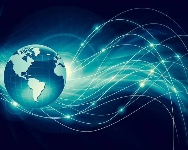 A legjobb internetes koncepció a globális üzletről. Globe, ragyogó vonalak technológiai háttérrel. Wi-Fi, sugarak, szimbólumok Internet, 3D illusztráció — Stock Fotó